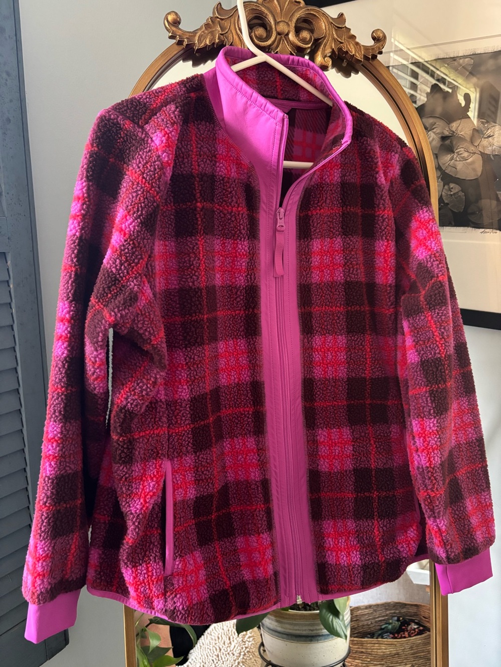 T by Talbots Pink & Magenta Plaid Fleece Zip Jacket L